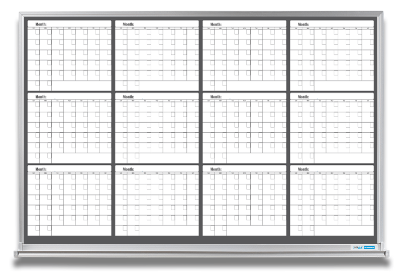 12-Month Whiteboard Calendar - Magnetic Surface - B&W Color