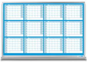 12-month whiteboard calendar, blue, 4x6 and 4x8 aluminum frame