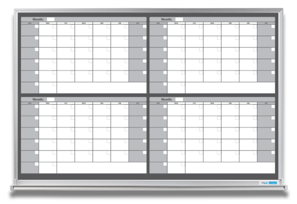 4-month whiteboard calendar, gray, 4x6 and 4x8 aluminum frame