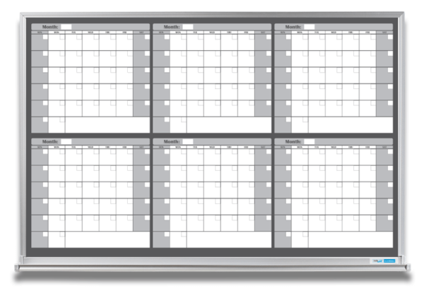 6-month whiteboard calendar, gray 4x6 and 4x8 aluminum frame