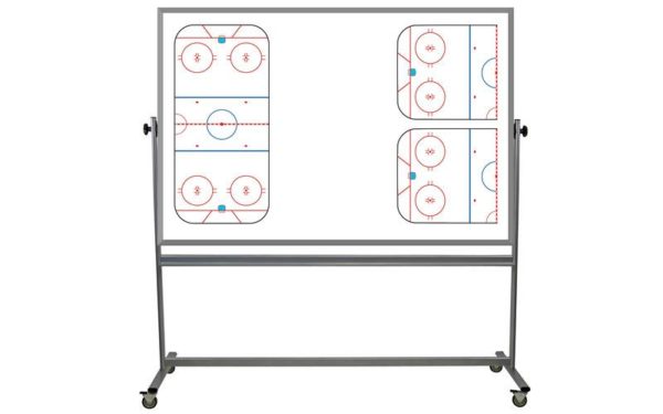 rolling, two sided whiteboard with hockey ice rink images on one side, 48x72 inch surfaces