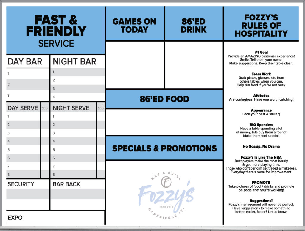custom printed Fozzy's Bar and Grill service whiteboard promotions bar