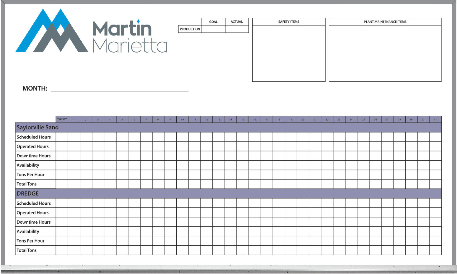 Martin Marietta Custom Printed Production Whiteboard
