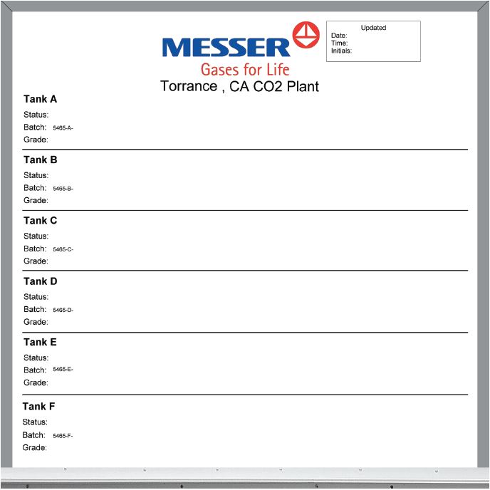Messer Gases status whiteboard custom printed