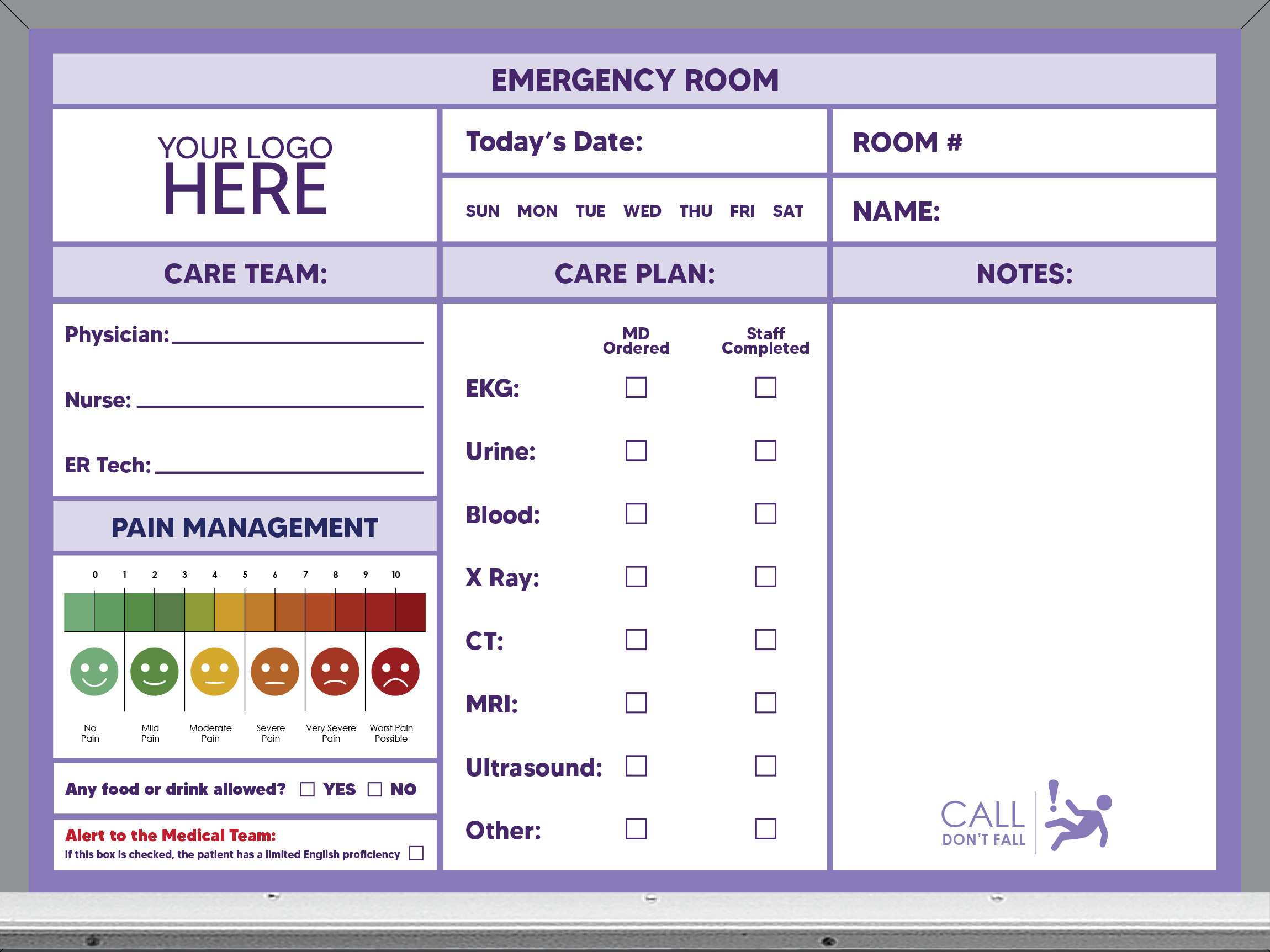 18x24 emergency room whiteboard - pre-printed, purple background, add your logo