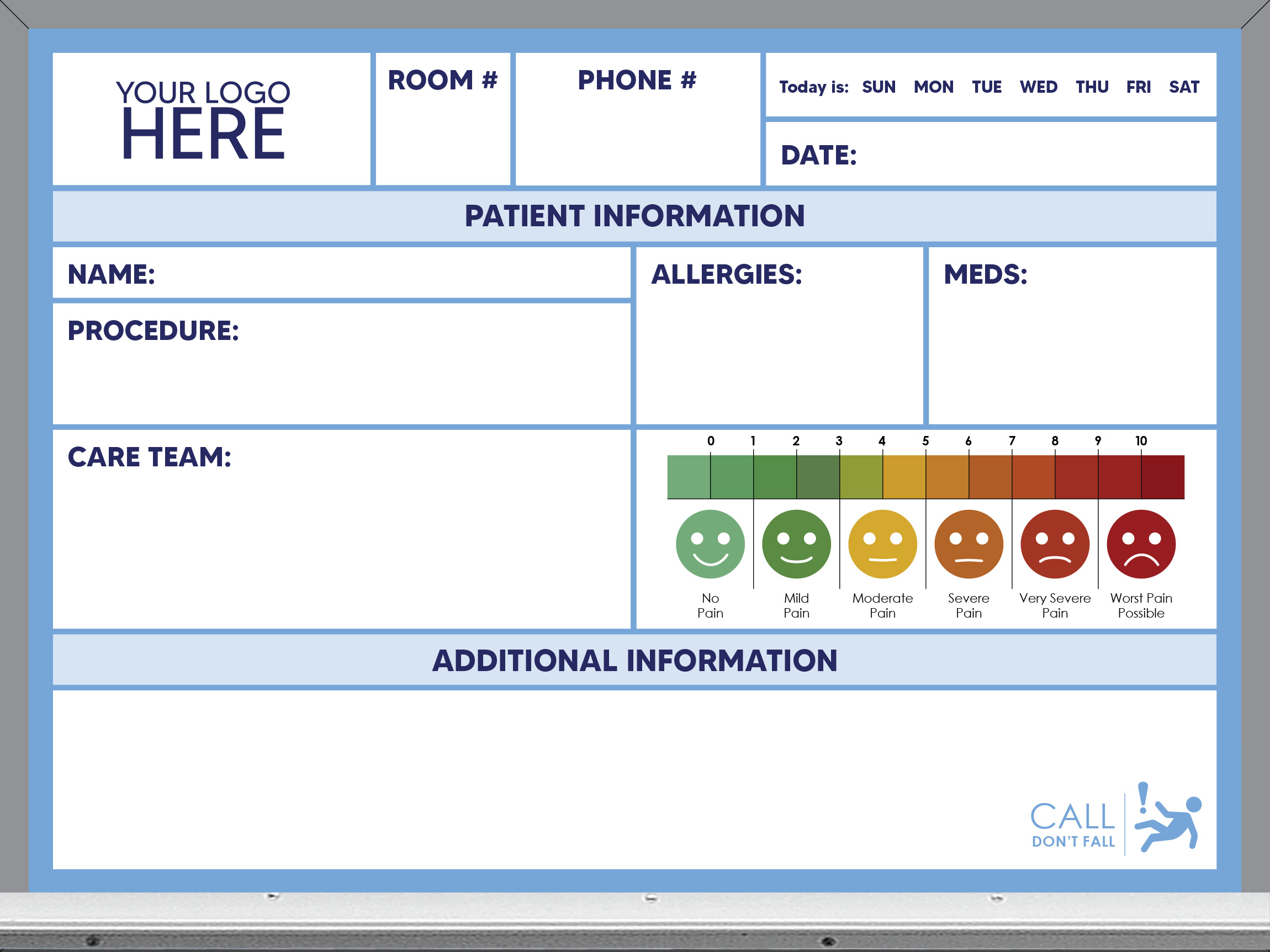 pre-printed patient care whiteboard, blue color, 18x24