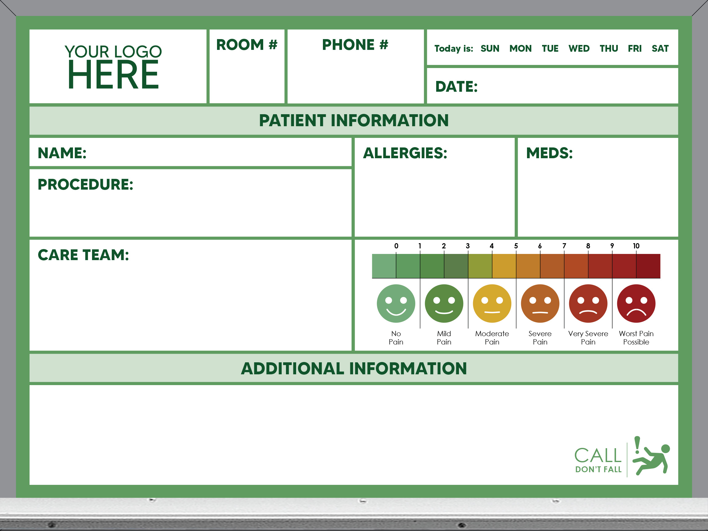 pre-printed patient care whiteboard, green color, 18x24