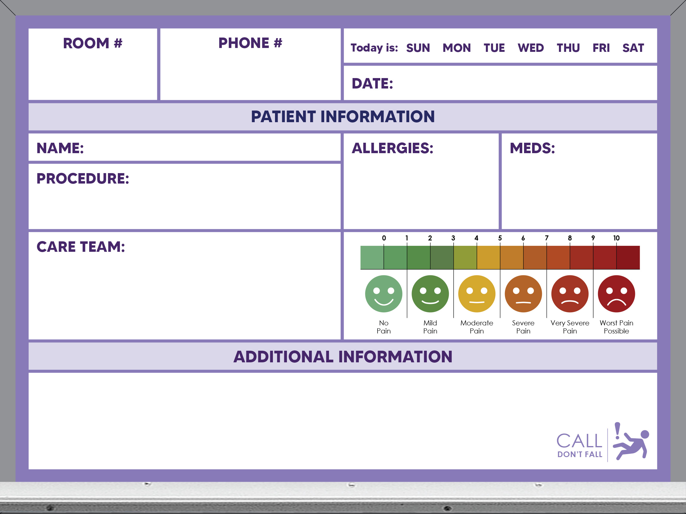 pre-printed patient care whiteboard, purple color, plain, 18x24
