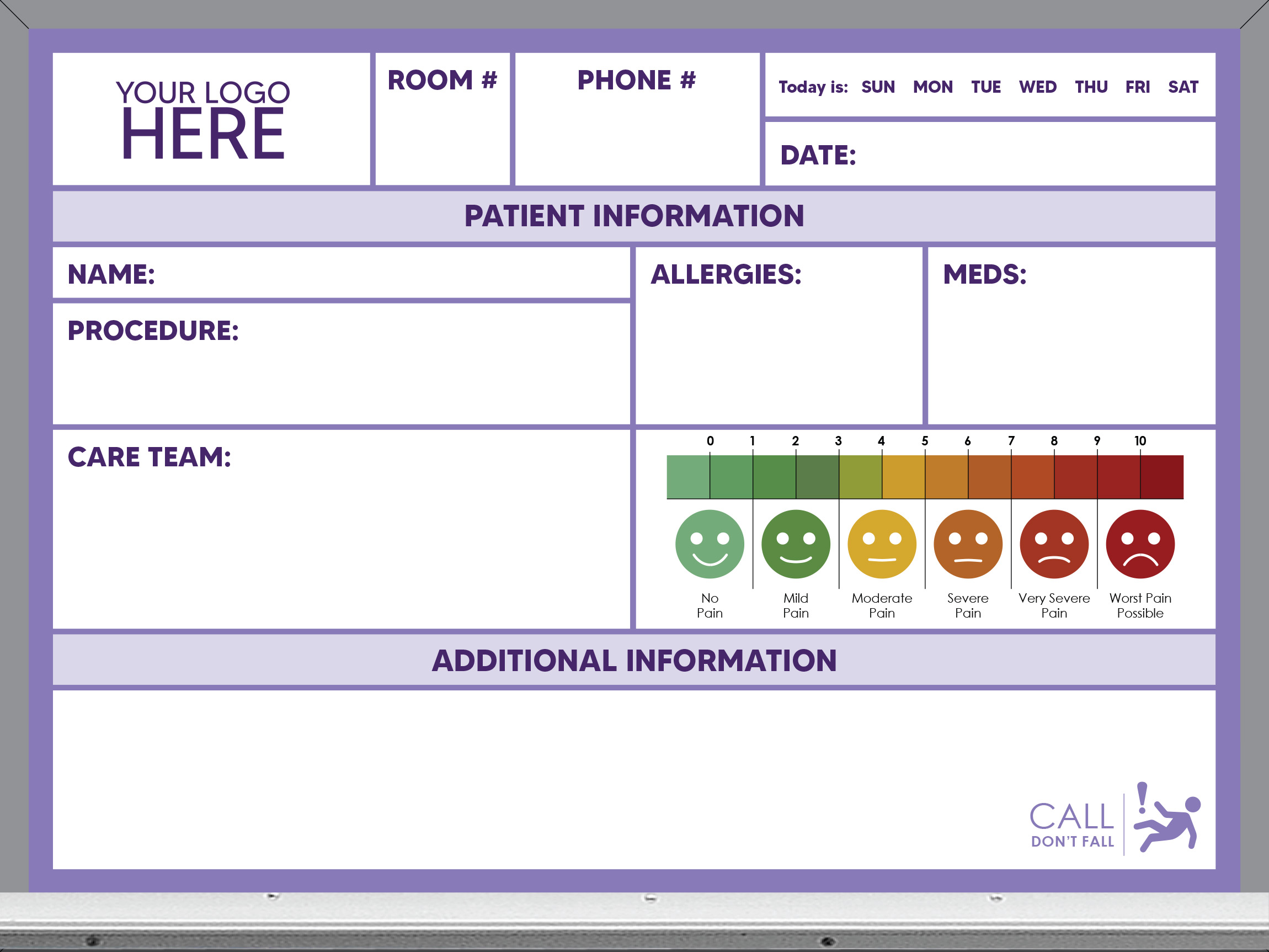pre-printed patient care whiteboard, purple color, 18x24
