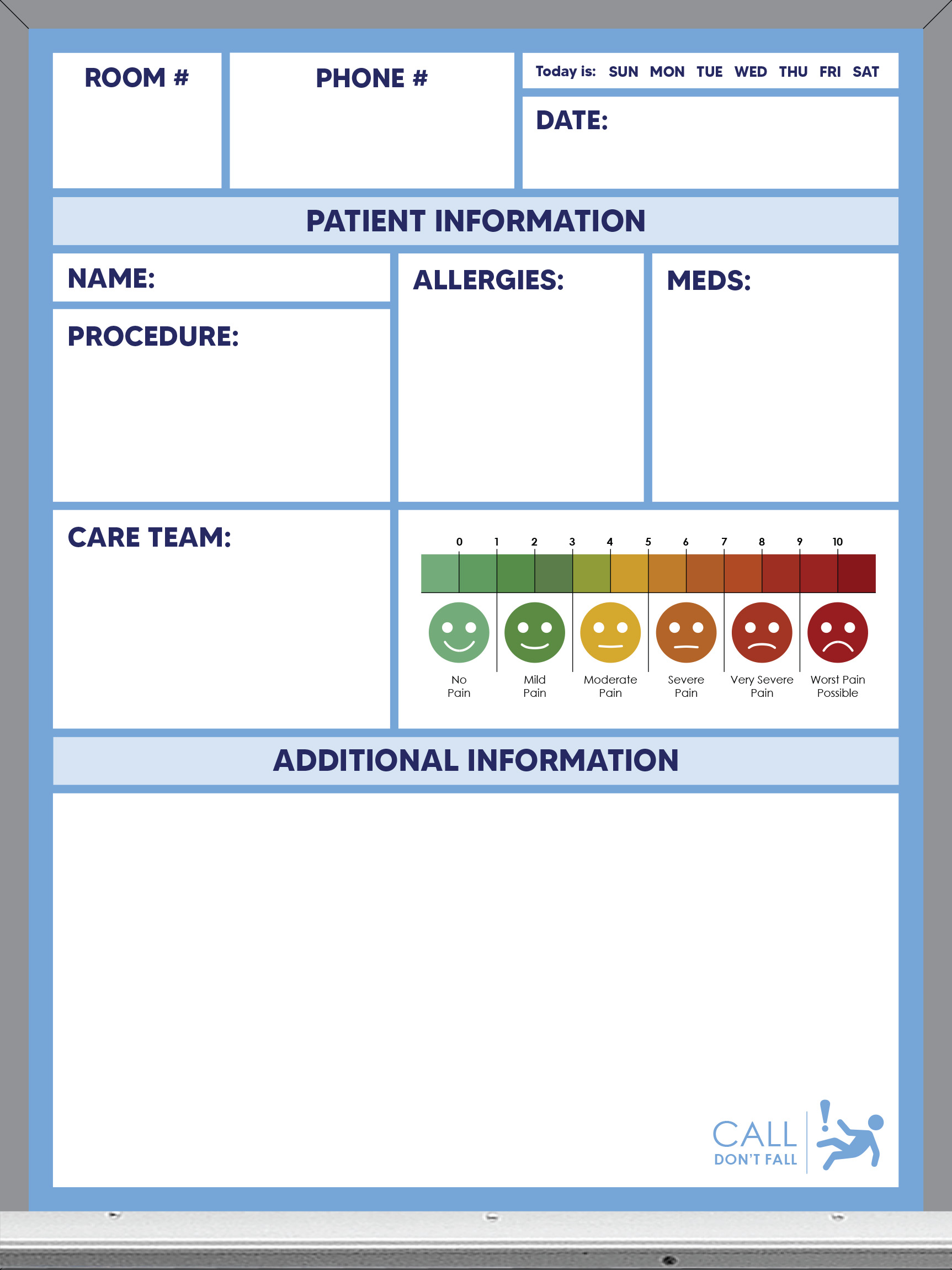 pre-printed patient care whiteboard, blue color, plain