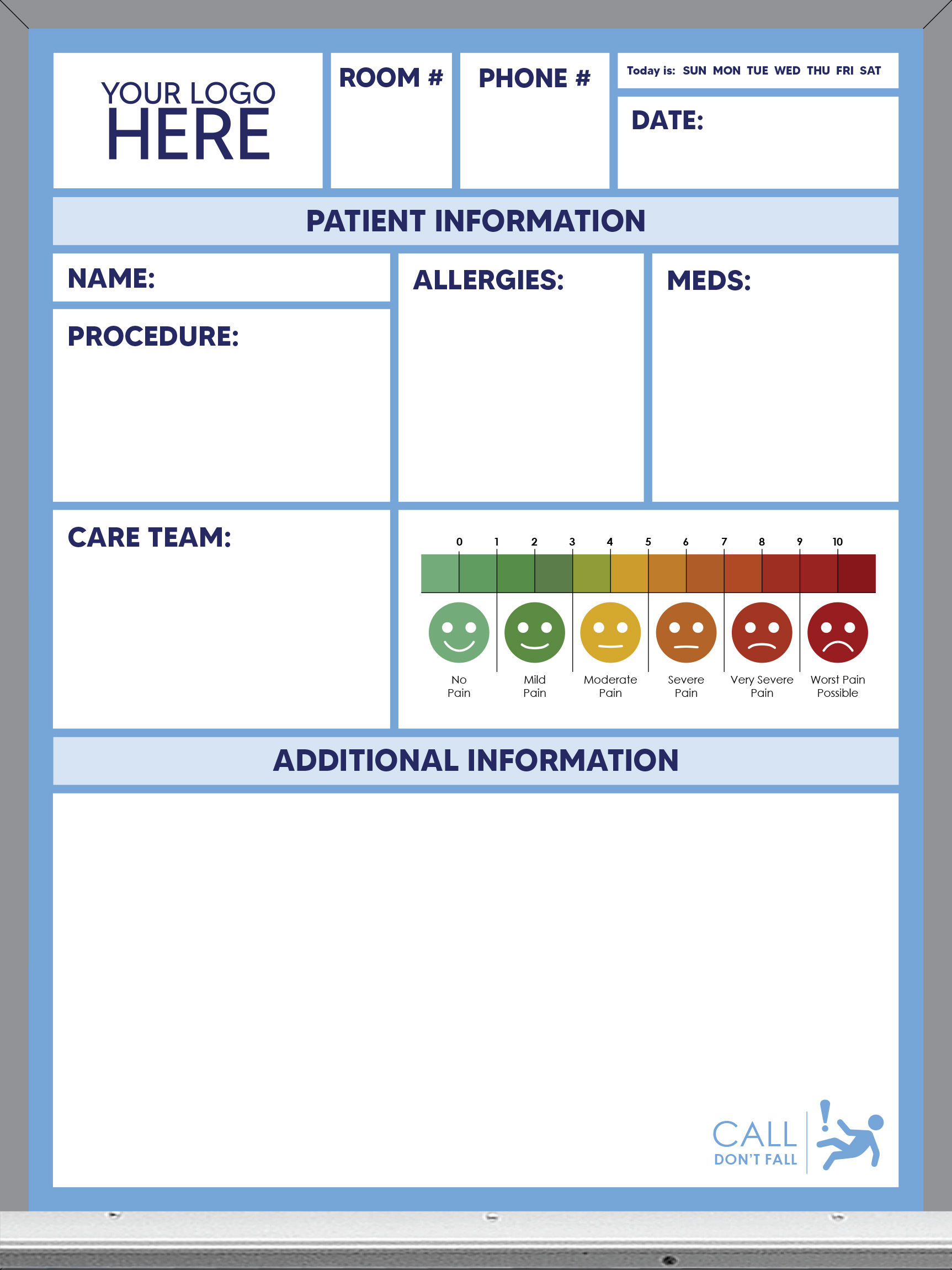 pre-printed patient care whiteboard, blue background, 24x18