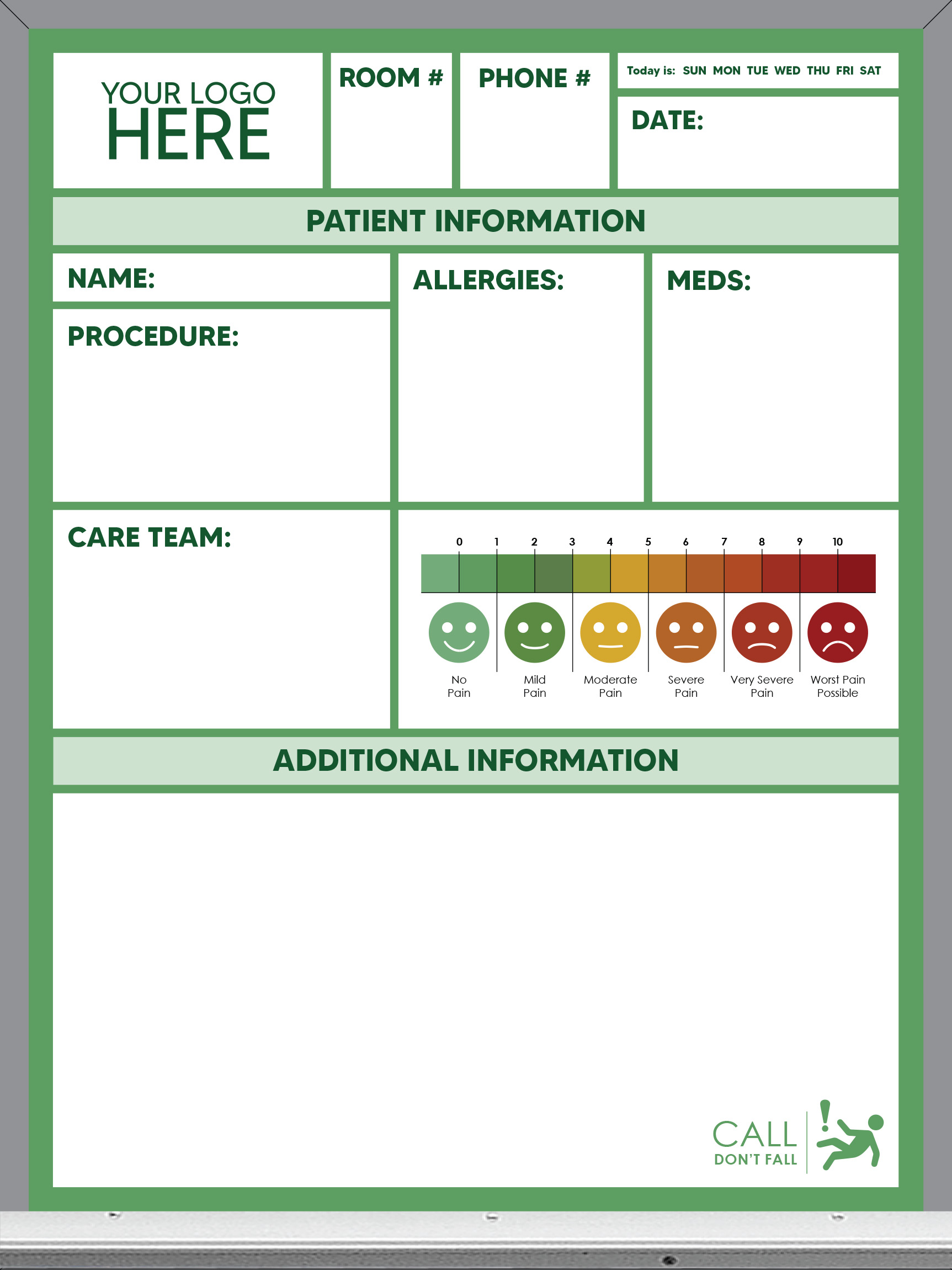 pre-printed patient care whiteboard, green color, 24x18