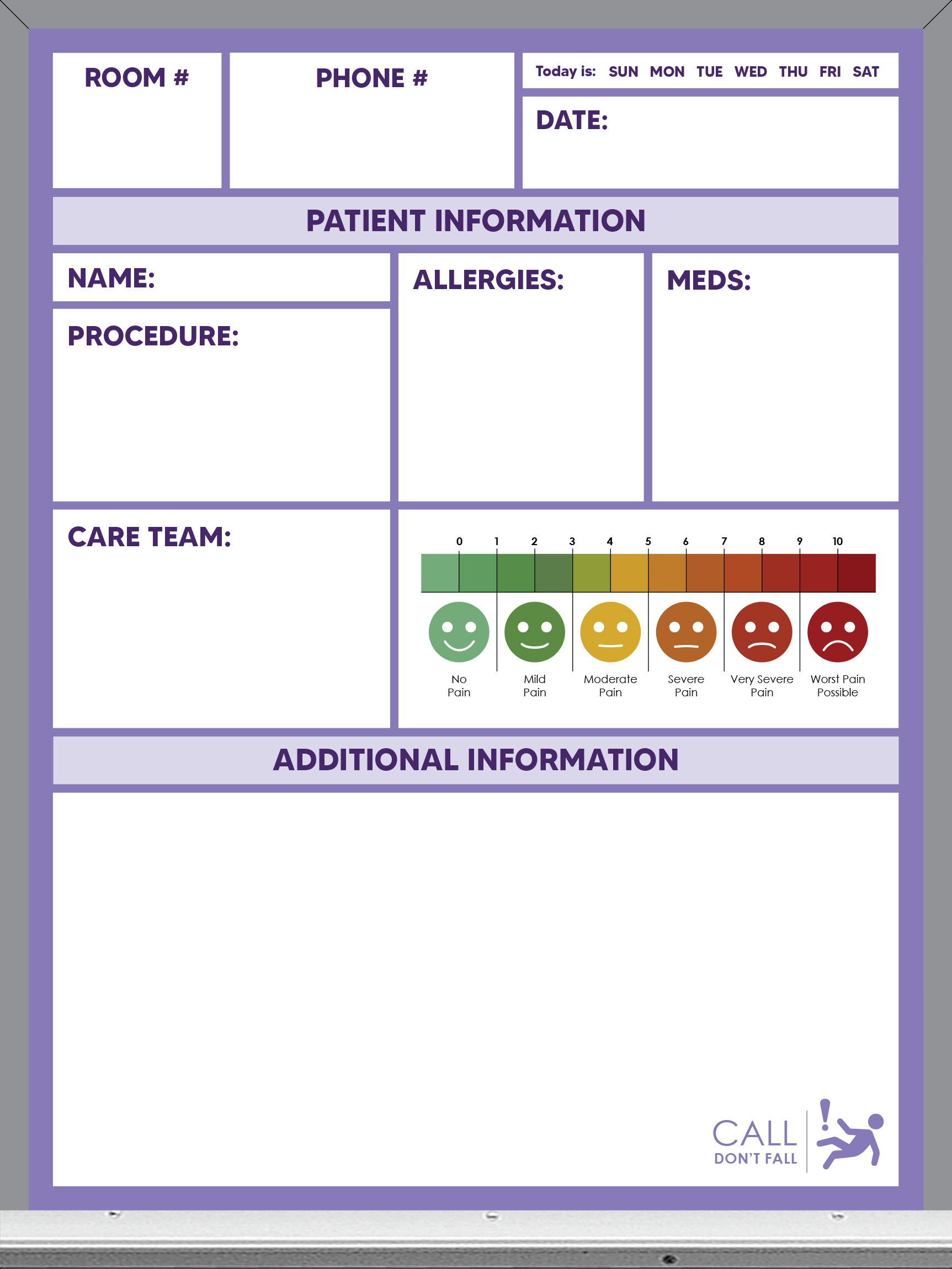 pre-printed patient care whiteboard, purple color, plain