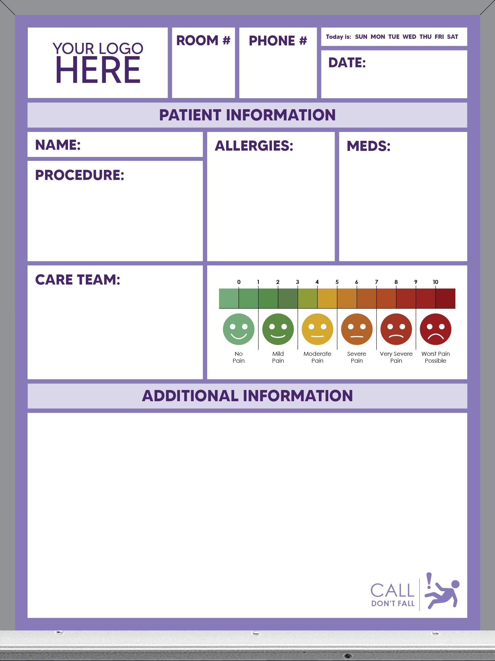 pre-printed patient care whiteboard, purple color