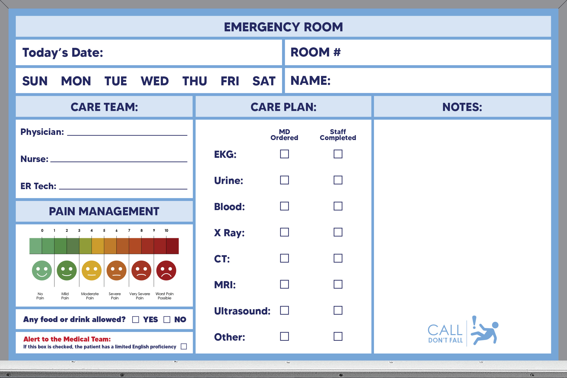 2x3 emergency room whiteboard - pre-printed, blue background
