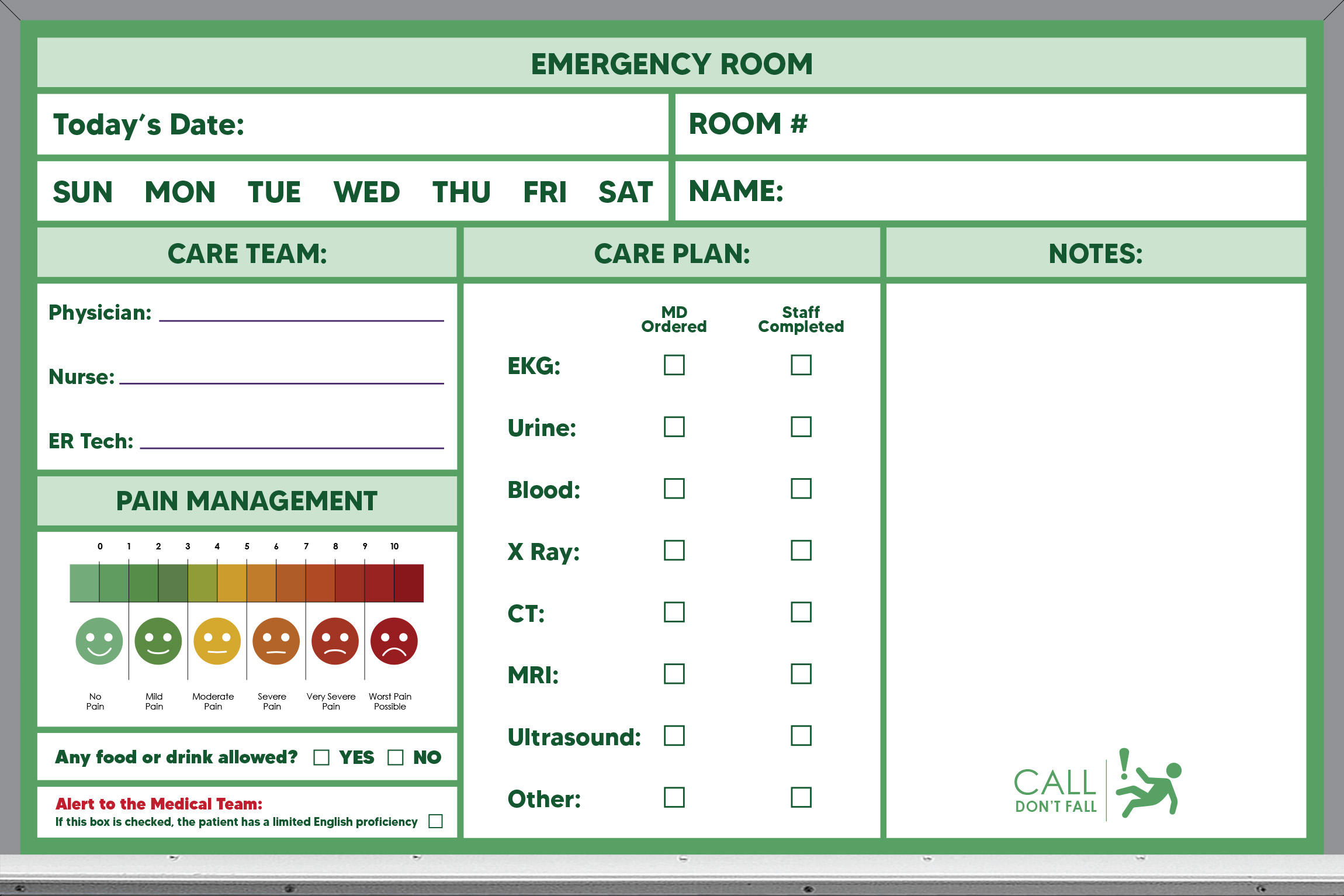 2x3 emergency room whiteboard - pre-printed, green background