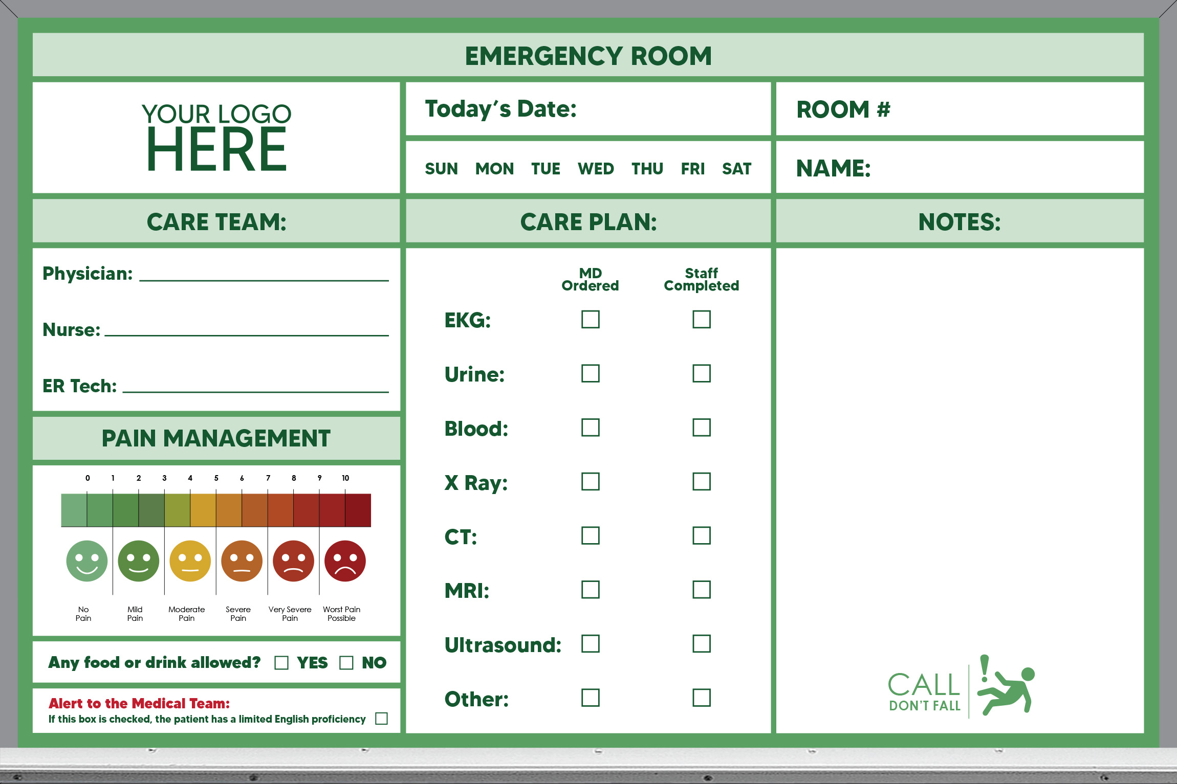 2x3 emergency room whiteboard - pre-printed, green background, add your logo