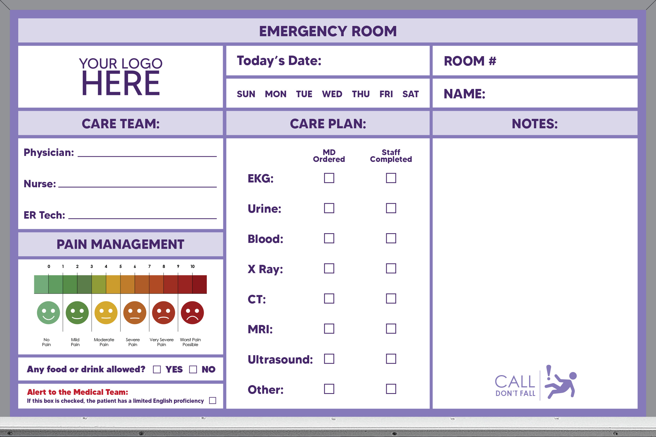 2x3 emergency room whiteboard - pre-printed, purple background, add your logo