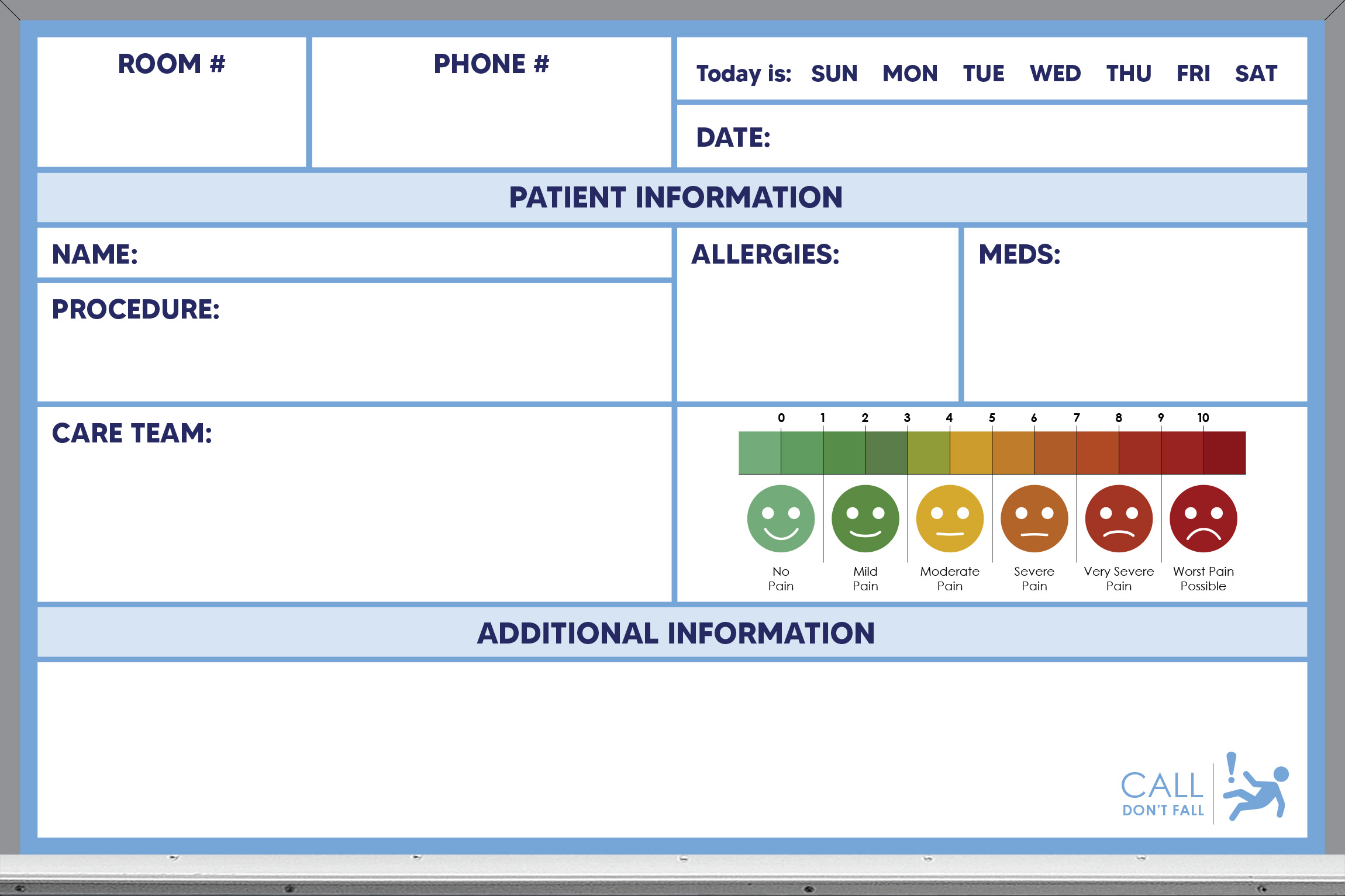 pre-printed patient care whiteboard, blue color, 2x3, plain
