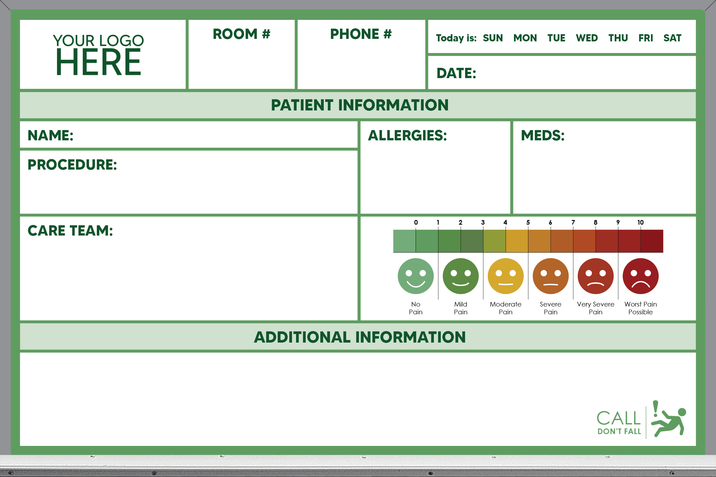 pre-printed patient care whiteboard, green color, 2x3