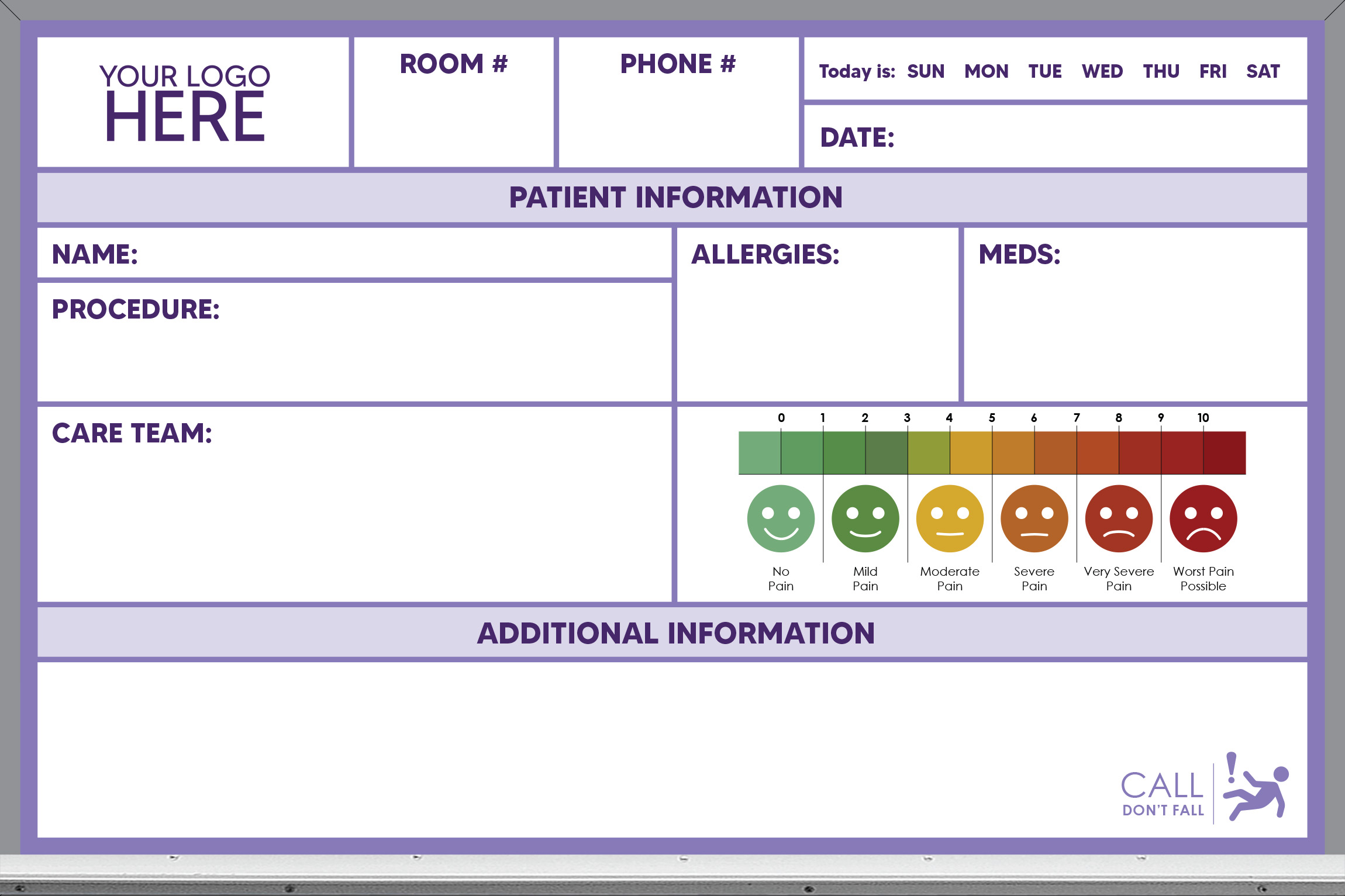 pre-printed patient care whiteboard, purple color, 2x3