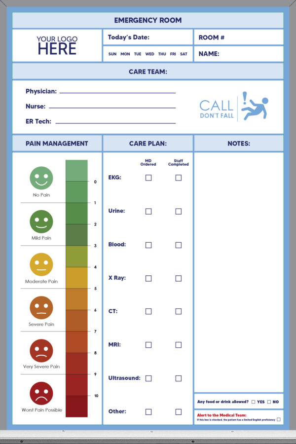 3x2 emergency room whiteboard - pre-printed, blue background, add your logo