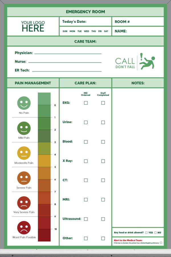 3x2 emergency room whiteboard - pre-printed, green background, add your logo
