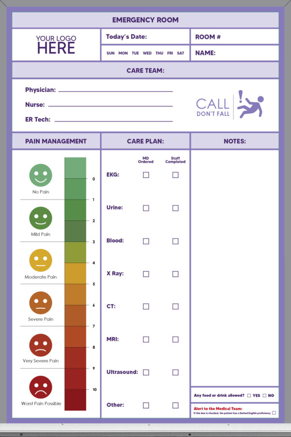 3x2 emergency room whiteboard - pre-printed, purple background, add your logo