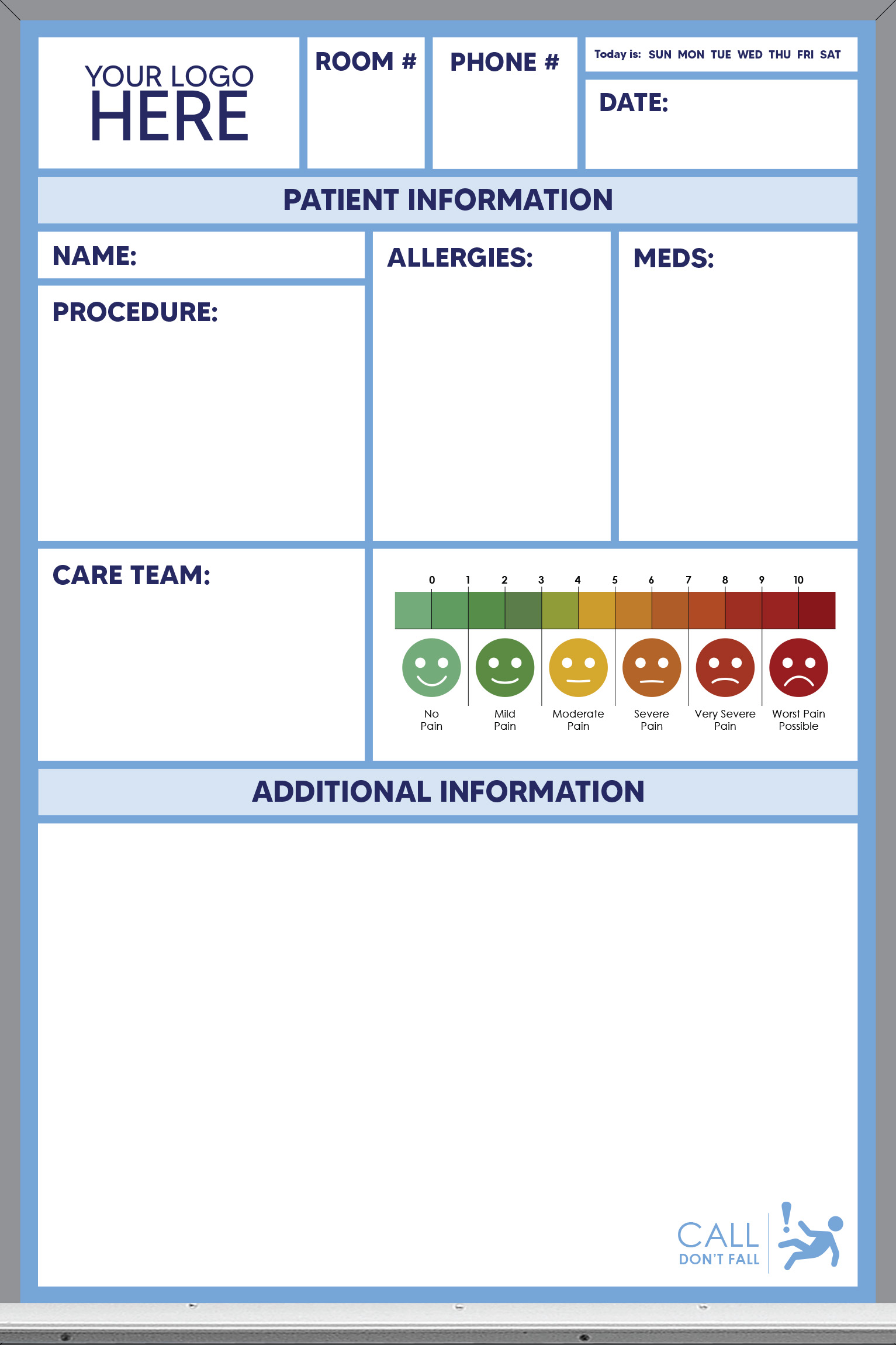 pre-printed patient care whiteboard, blue color, 3x2