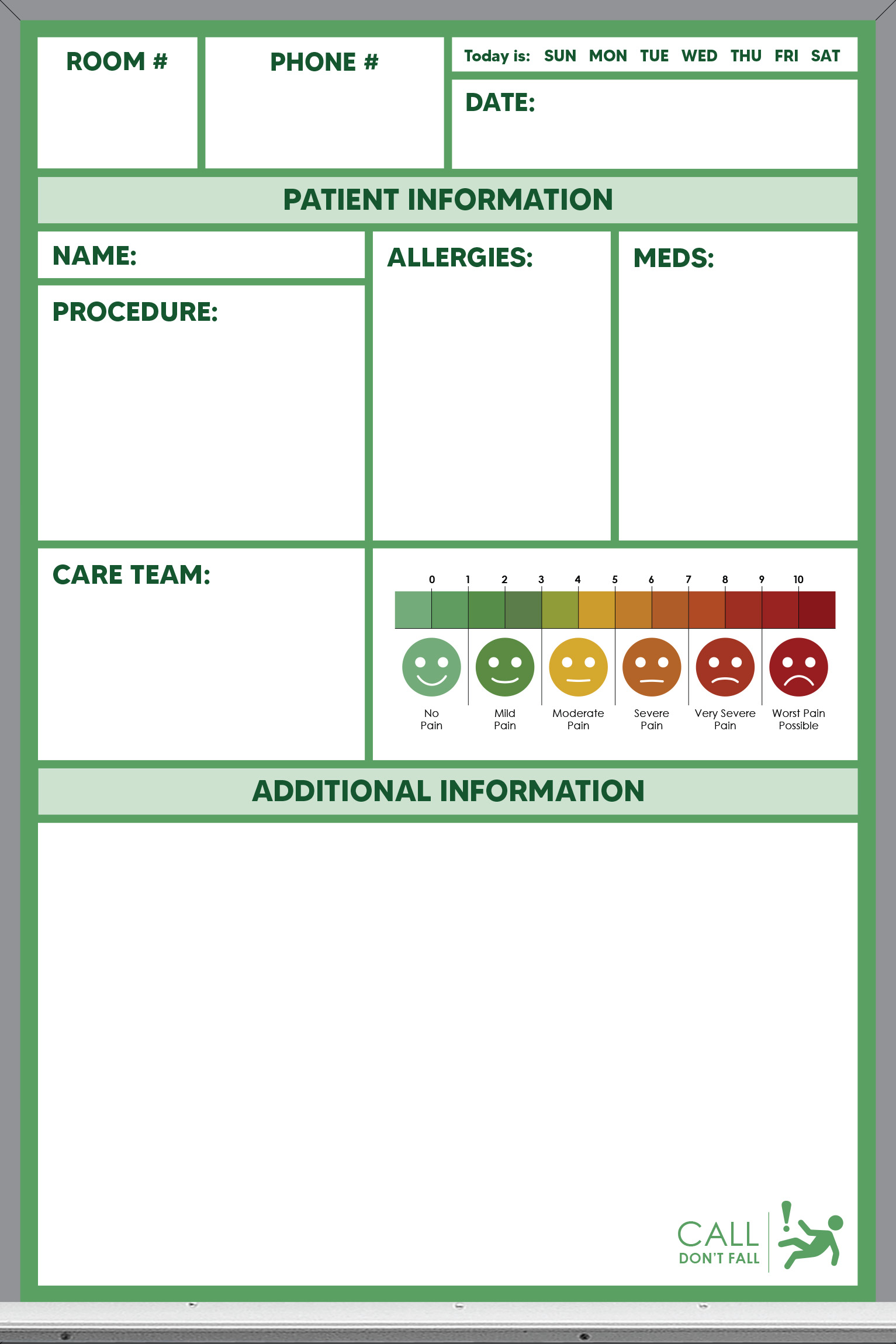 pre-printed patient care whiteboard, green color, plain, 3x2
