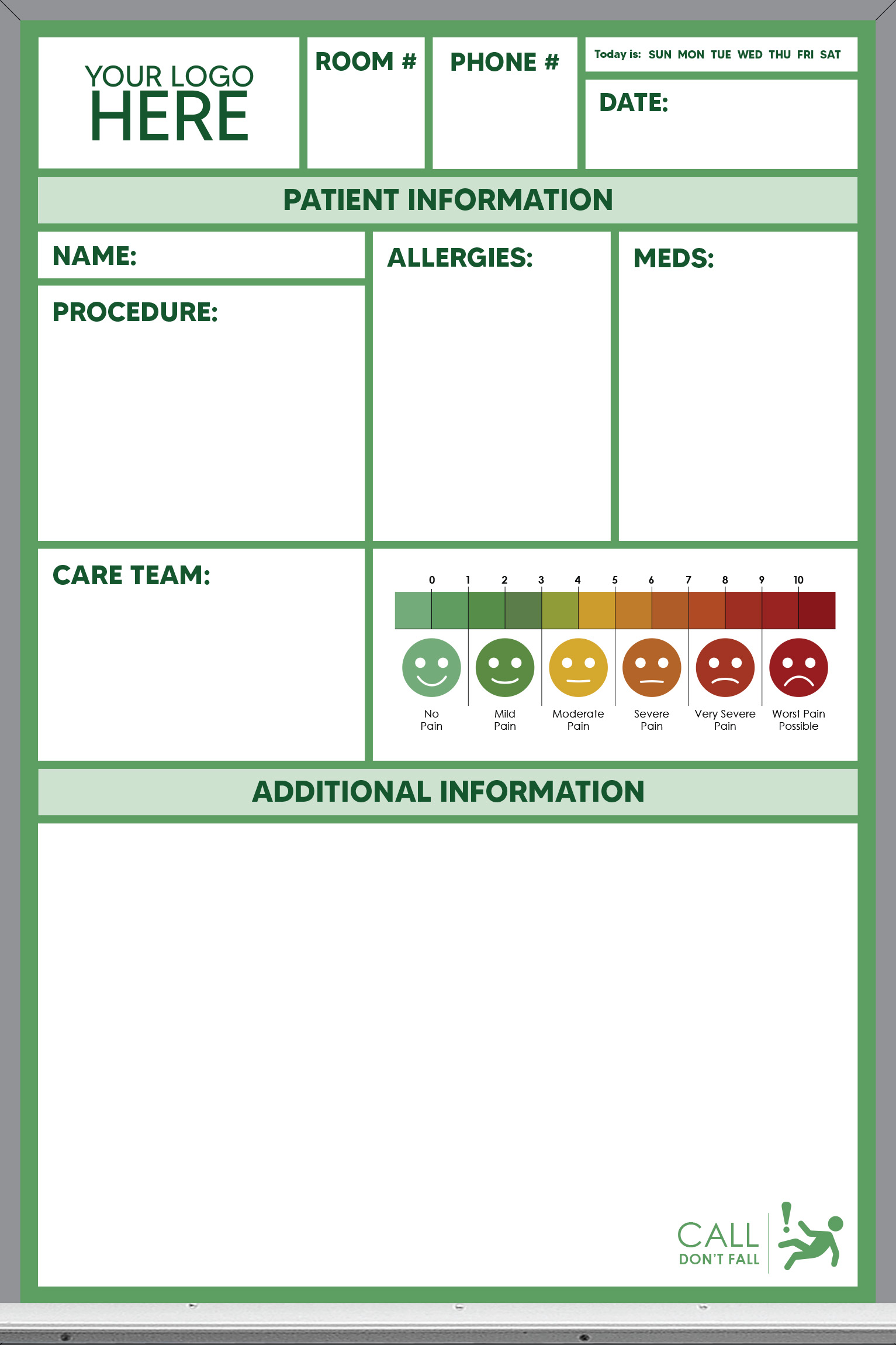 pre-printed patient care whiteboard, green color, 3x2