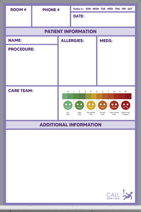 pre-printed patient care whiteboard, blue color, plain, 3x2