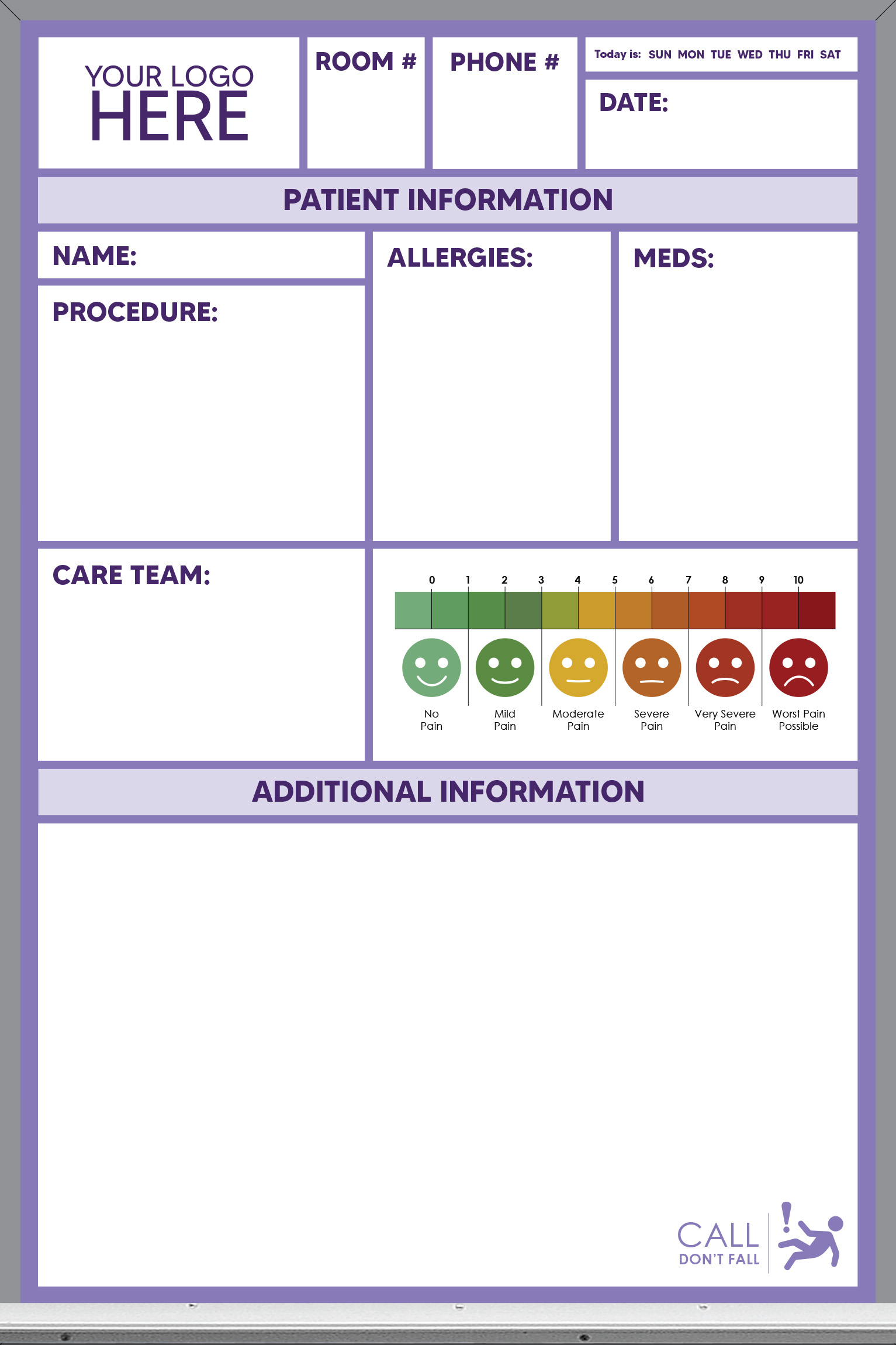 pre-printed patient care whiteboard, purple color, 3x2