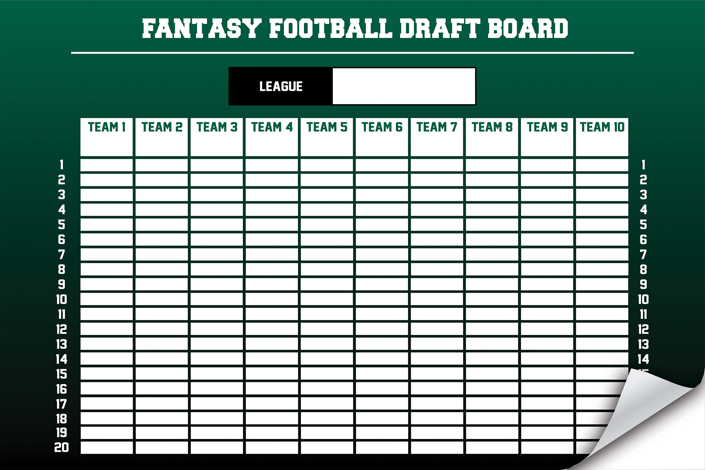 fantasy football draft board - green peel and stick overlays