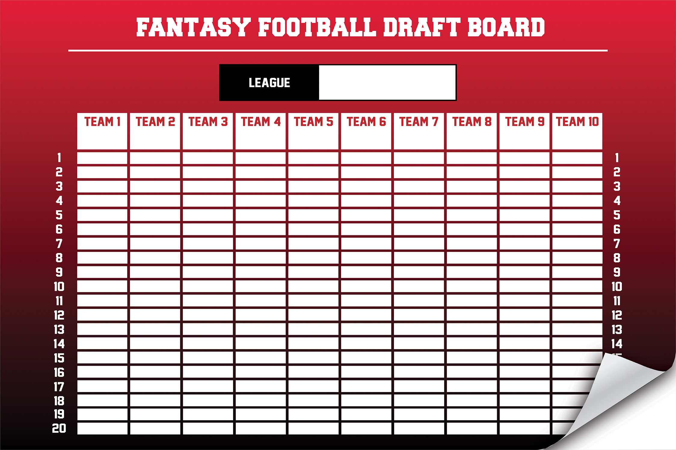 fantasy football draft board - red peel and stick overlays