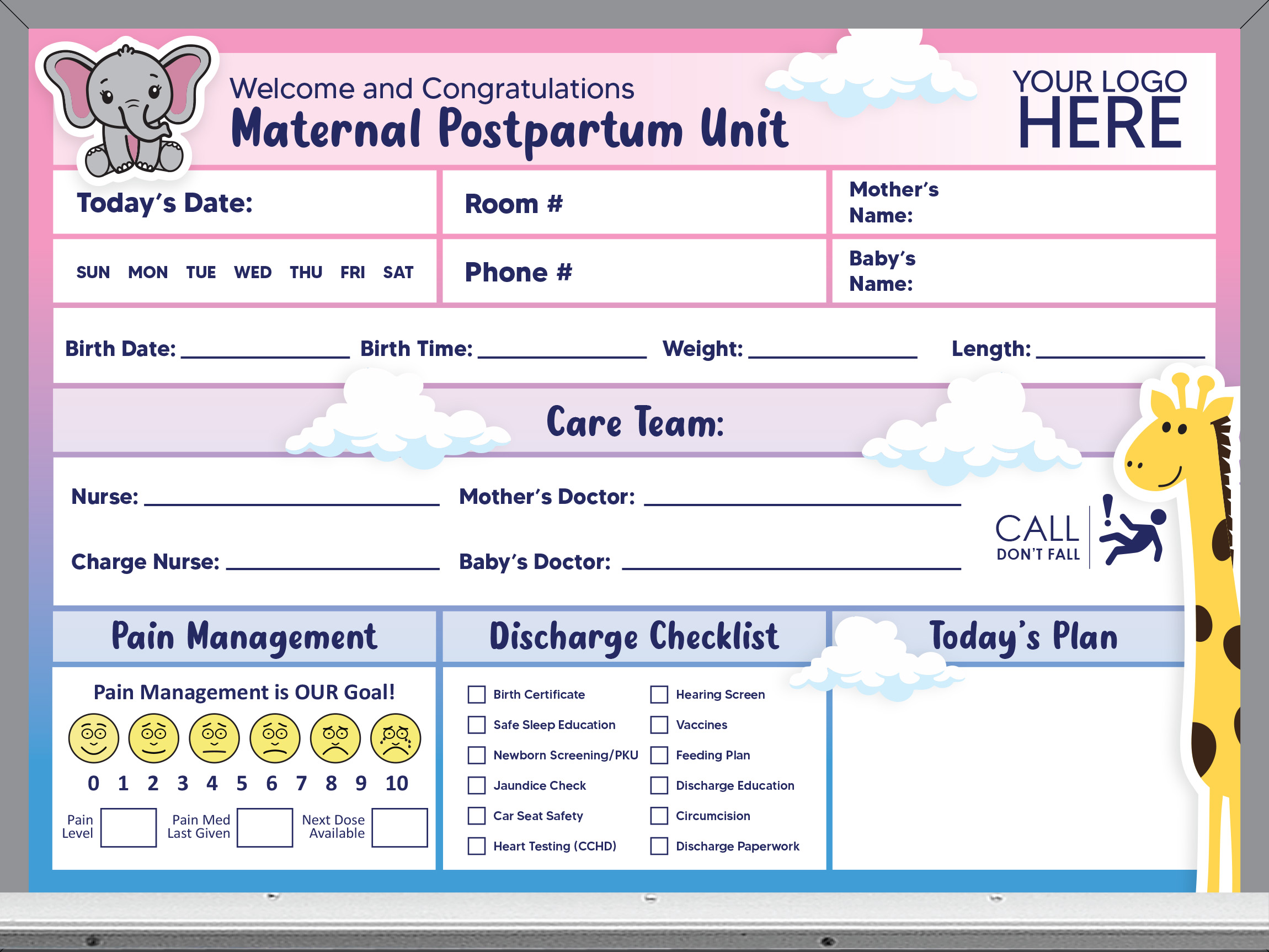 18x24 maternity room whiteboard - pre-printed, add your logo