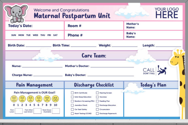 2x3 maternity room whiteboard - pre-printed, pink and blue background, add your logo