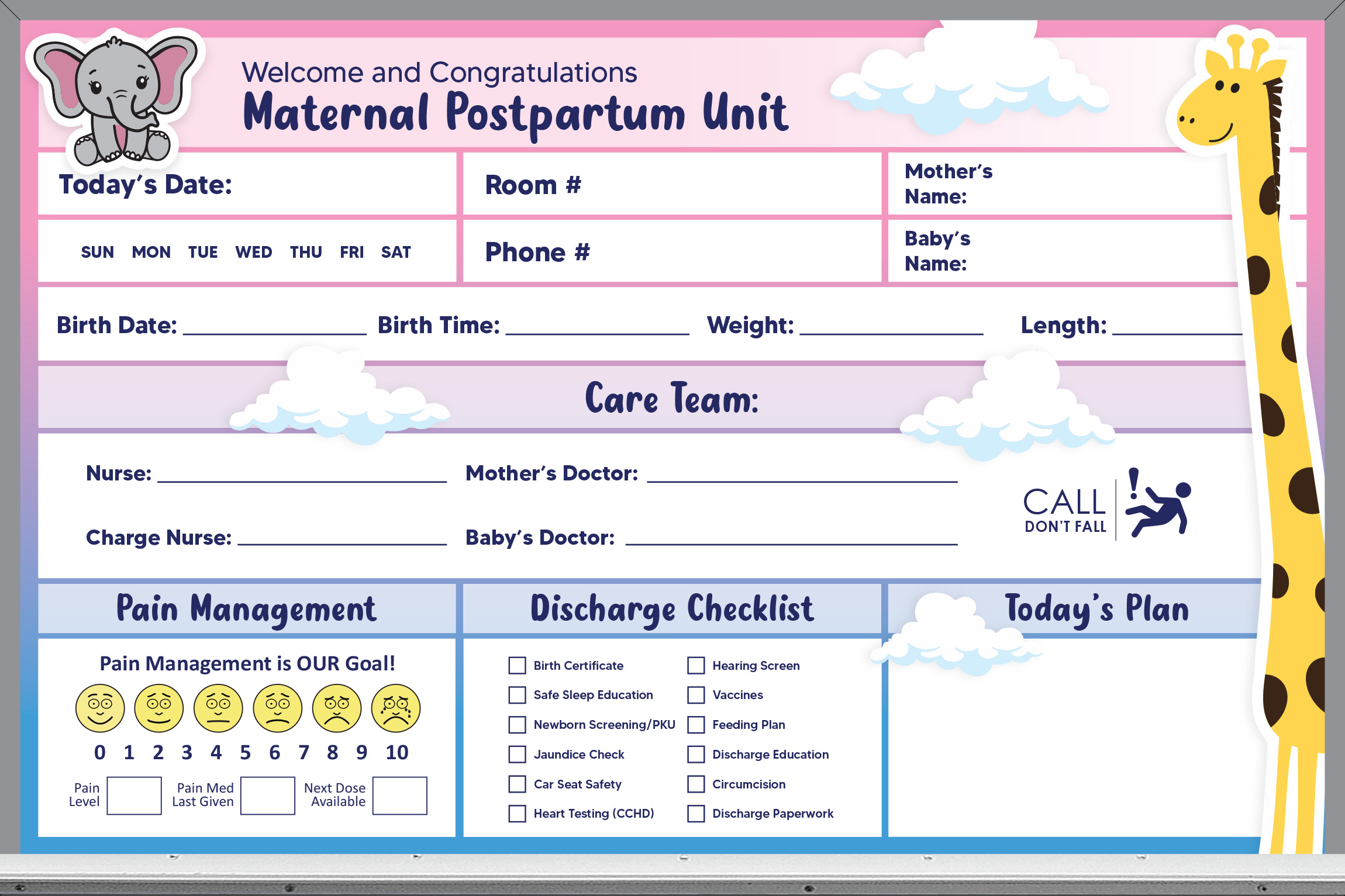 2x3 maternity room whiteboard - pre-printed, pink and blue background