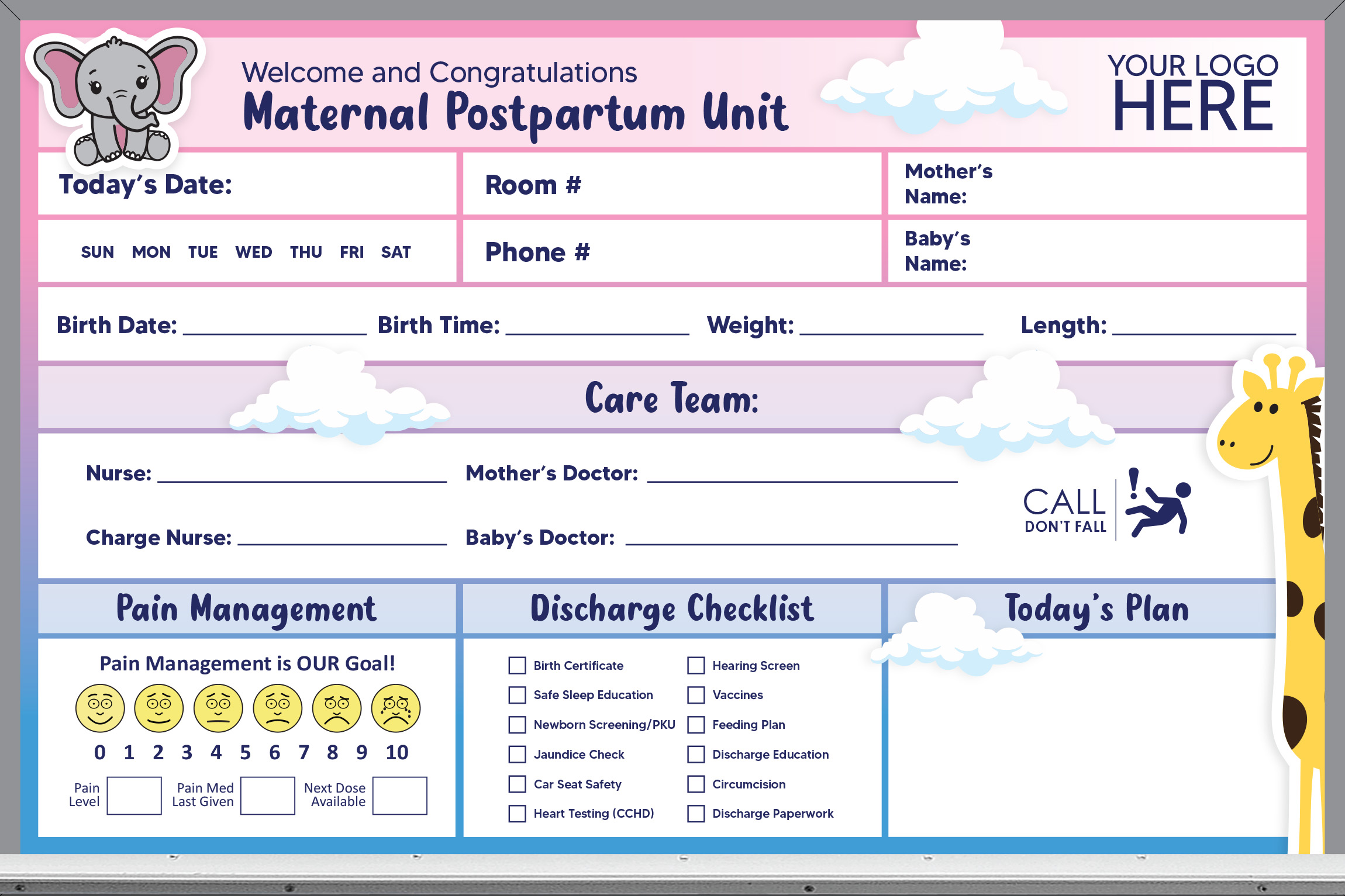 2x3 maternity room whiteboard - pre-printed, pink and blue background, add your logo