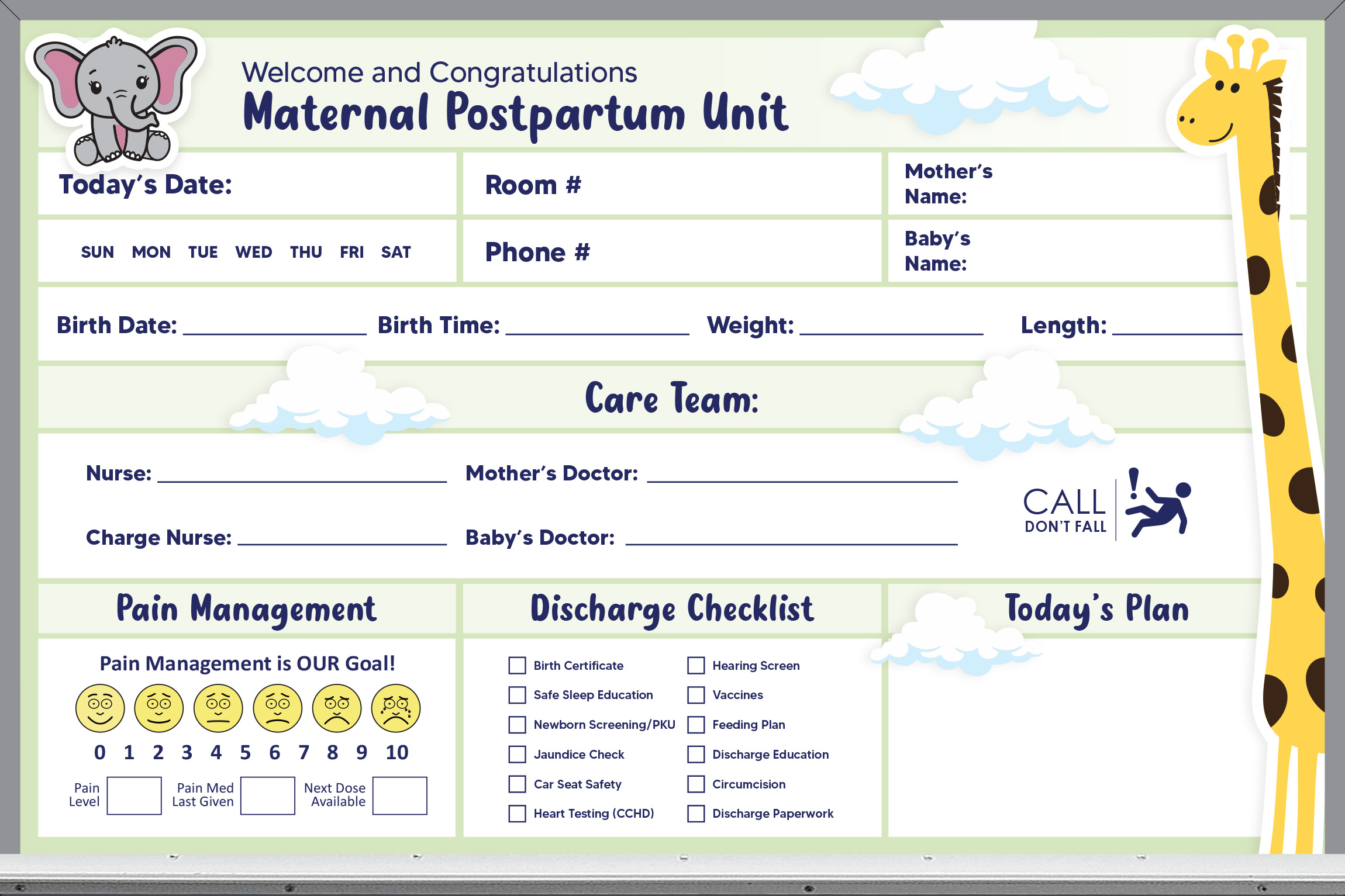 2x3 maternity room whiteboard - pre-printed, green background