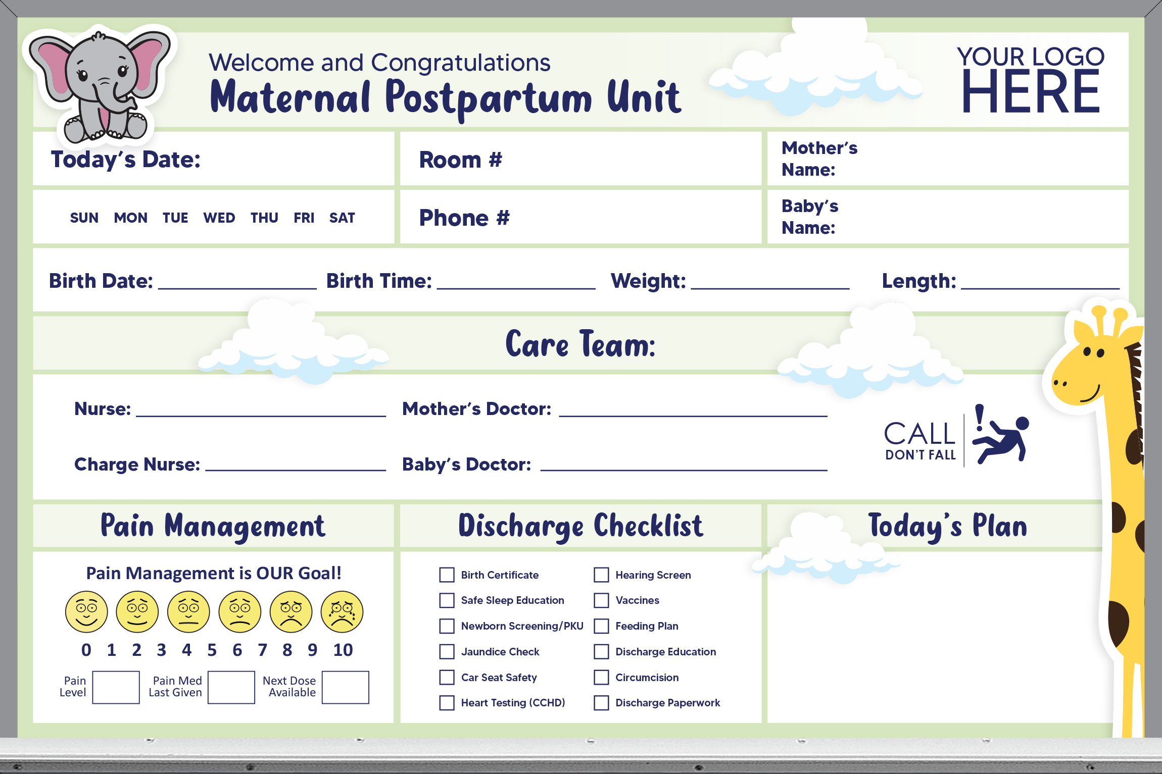 2x3 maternity room whiteboard - pre-printed, green background, add your logo