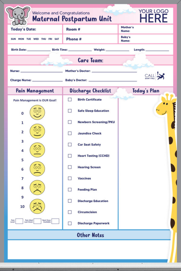 3x2 maternity room whiteboard - pre-printed, pink and blue background, add your logo