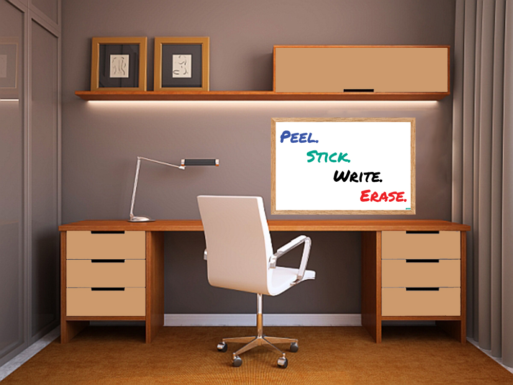 stick-on dry erase surface with faux oak frame - on office wall