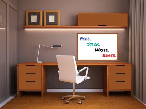 stick-on dry erase sheet with faux walnut frame