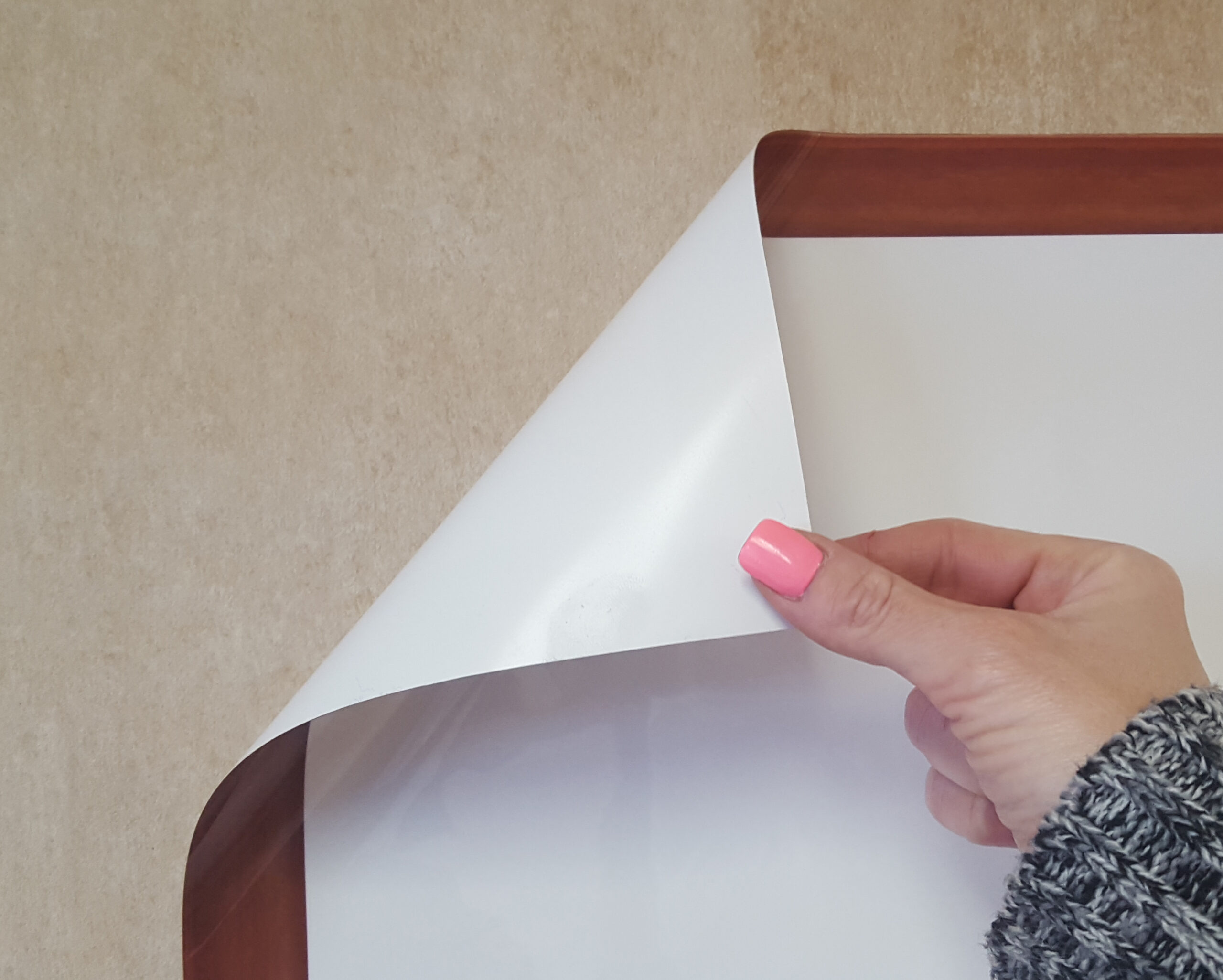 peel and stick dry erase sheet with faux walnut frame