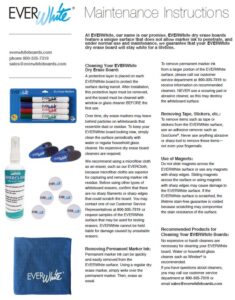 Maintenance instructions page for EVERWhite boards, featuring cleaning products, a spray bottle, markers, and cloths as shown in the images.