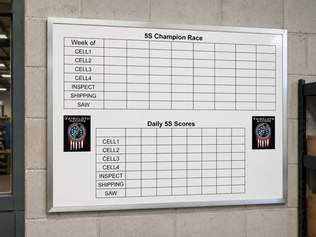 Whiteboard titled 5S Champion Race and Daily 5S tracking grid