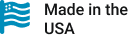 Made in the USA badge with blue wavy lines icon and text