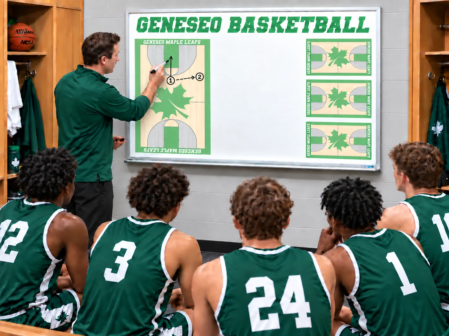 Coach using a custom printed basketball court whiteboard in a locker room