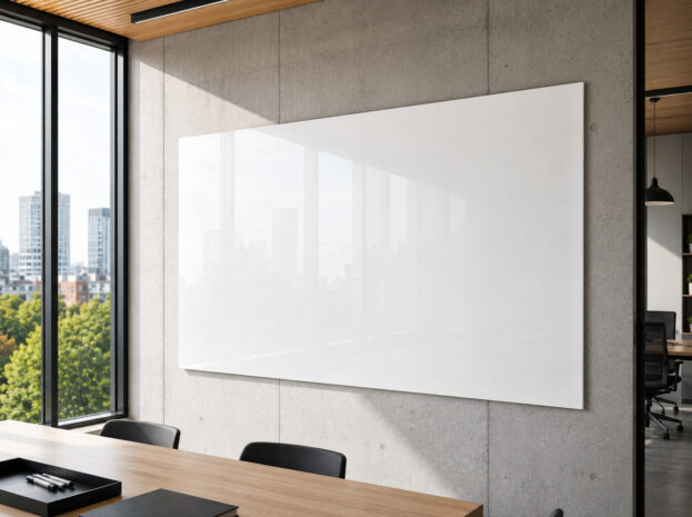 Modern office conference room with a large blank whiteboard on a concrete wall beside floor-to-ceiling windows.
